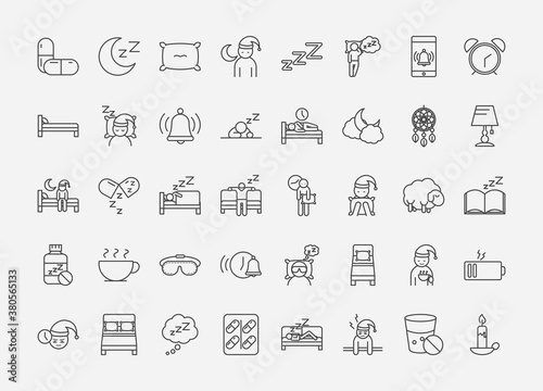 insomnia linear icons set includes pills moon pillow bed character and others
