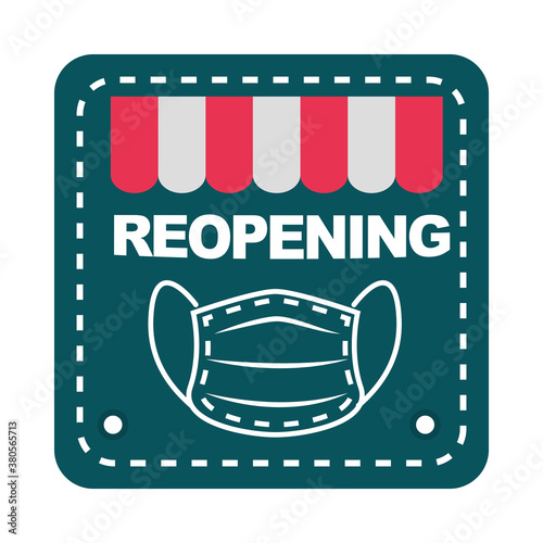 store signboard reopening after quarantine covid 19, medical mask sticker flat icon