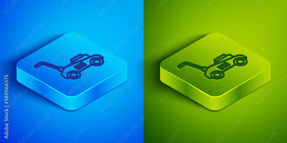 Isometric line Lawn mower icon isolated on blue and green background. Lawn mower cutting grass. Square button. Vector Illustration. Isometric line Lawn mower icon isolated on blue and green background. Lawn mower cutting grass. Square button. Vector Illustration.
