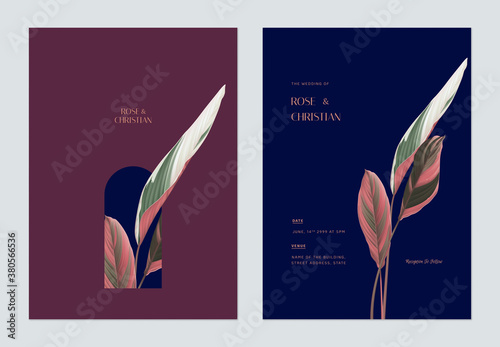 Foliage wedding invitation card template design, Ctenanthe oppenheimiana on dark pink and dark blue