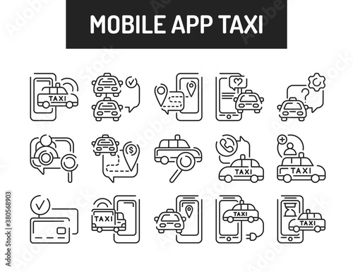 Online mobile application order taxi service black line icons set. Pictogram for web, mobile app, promo. UI UX design element