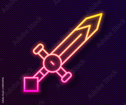 Glowing neon line Medieval sword icon isolated on black background. Medieval weapon. Vector.