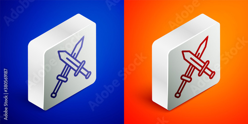 Isometric line Crossed medieval sword icon isolated on blue and orange background. Medieval weapon. Silver square button. Vector.