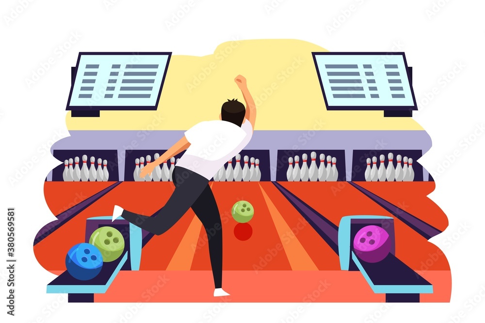 Man throwing ball playing bowling. Guy throws ball on lane into tenpins