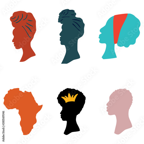 African girls, black queens silhouettes on white background. Vector illustration