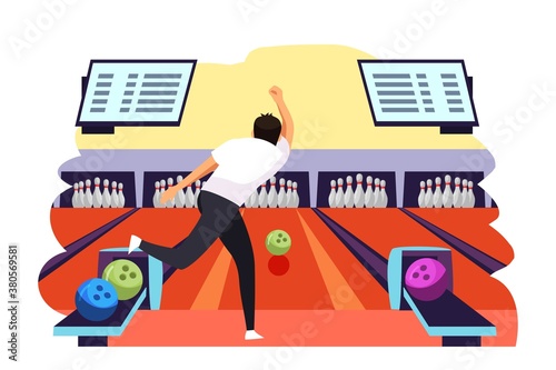 Man throwing ball playing bowling. Guy throws ball on lane into tenpins and skittles. Recreation and hobby vector illustration. Night entertainment, fun leisure activity