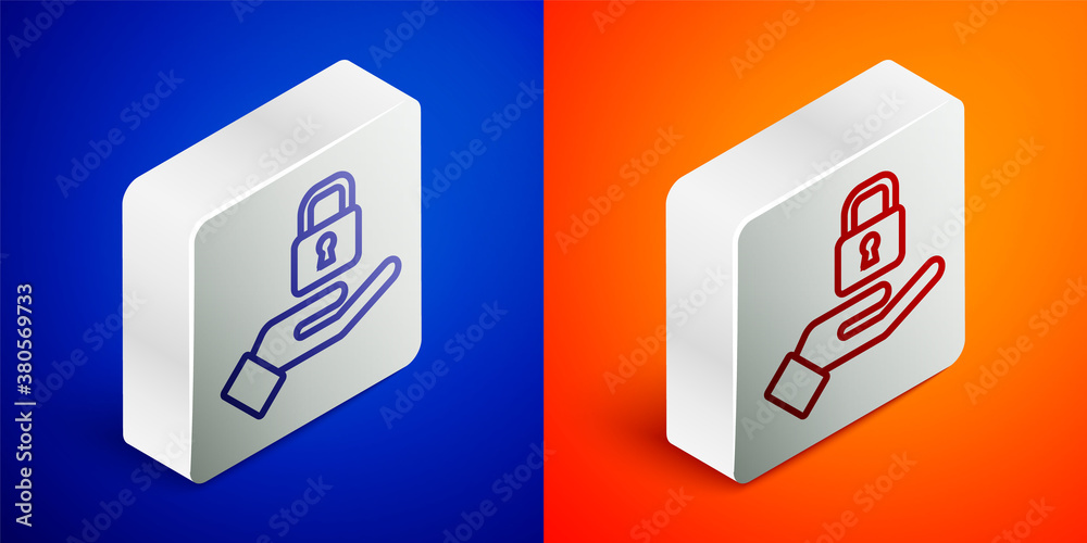 Isometric line Lock in hand icon isolated on blue and orange background. Padlock sign. Security, safety, protection, privacy concept. Silver square button. Vector. Isometric line Lock in hand icon isolated on blue and orange background. Padlock sign. Security, safety, protection, privacy concept. Silver square button. Vector.
