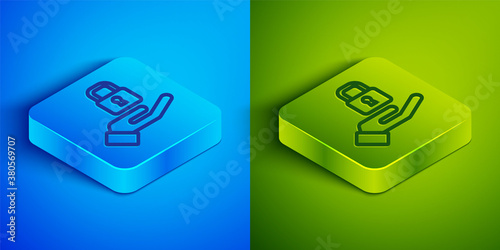 Isometric line Lock in hand icon isolated on blue and green background. Padlock sign. Security, safety, protection, privacy concept. Square button. Vector.