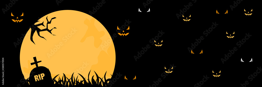 Big full moon, devil tree, cemetery and monster eyes with dark background vector illustration 
