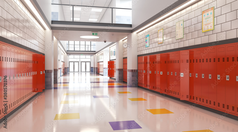 Φωτογραφία Long school corridor with red lockers , 3d illustration