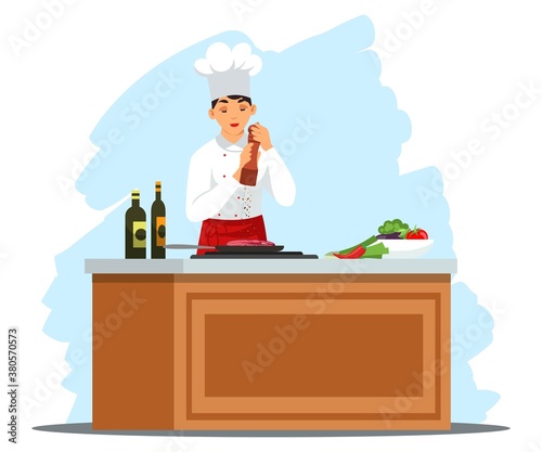 Chef cooking meat in restaurant kitchen oven. Master makes dish with vegetables and spices. Professional culinary show vector illustration. Homemade lunch or dinner meal, preparing food process