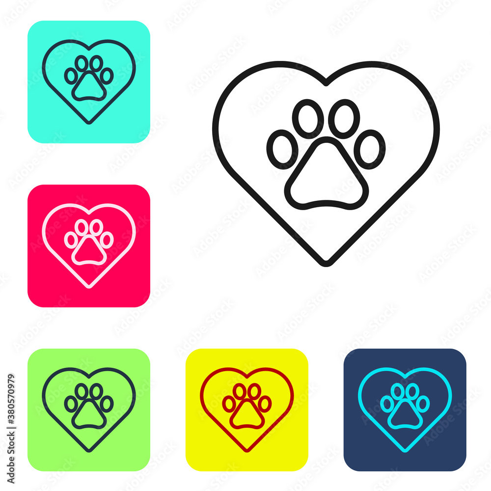 Black line Heart with animals footprint icon isolated on white background. Pet paw in heart. Love to the animals. Set icons in color square buttons. Vector. Black line Heart with animals footprint icon isolated on white background. Pet paw in heart. Love to the animals. Set icons in color square buttons. Vector.