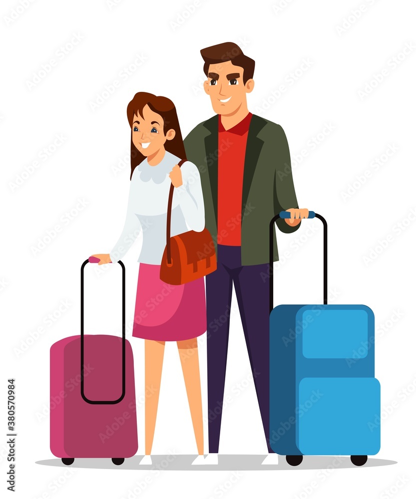 Couple standing with luggage. Man and woman waiting at hotel or for transport. Happy holiday vacation vector illustration. Smiling people staying at hotel on white background Couple standing with luggage. Man and woman waiting at hotel or for transport. Happy holiday vacation vector illustration. Smiling people staying at hotel on white background