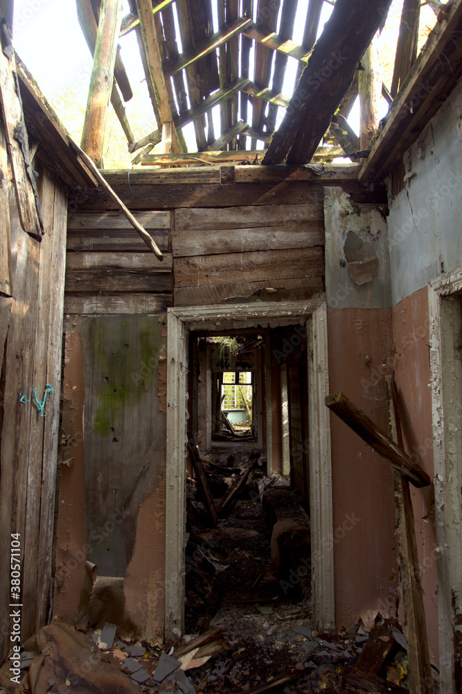 Fototapeta premium Ruins of an old wooden abandoned house.
