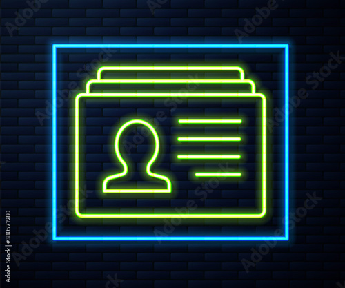 Glowing neon line Resume icon isolated on brick wall background. CV application. Searching professional staff. Analyzing personnel resume. Vector.
