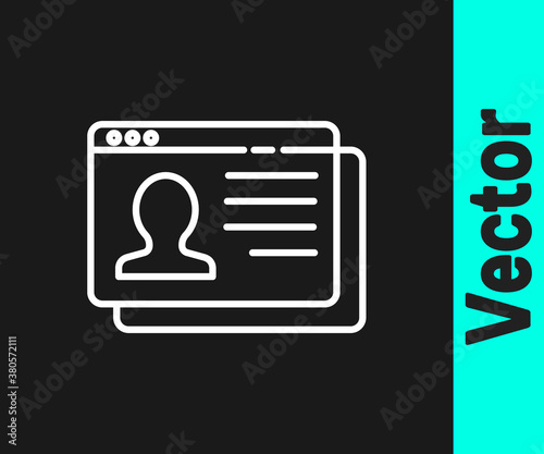 White line Resume icon isolated on black background. CV application. Searching professional staff. Analyzing personnel resume. Vector.