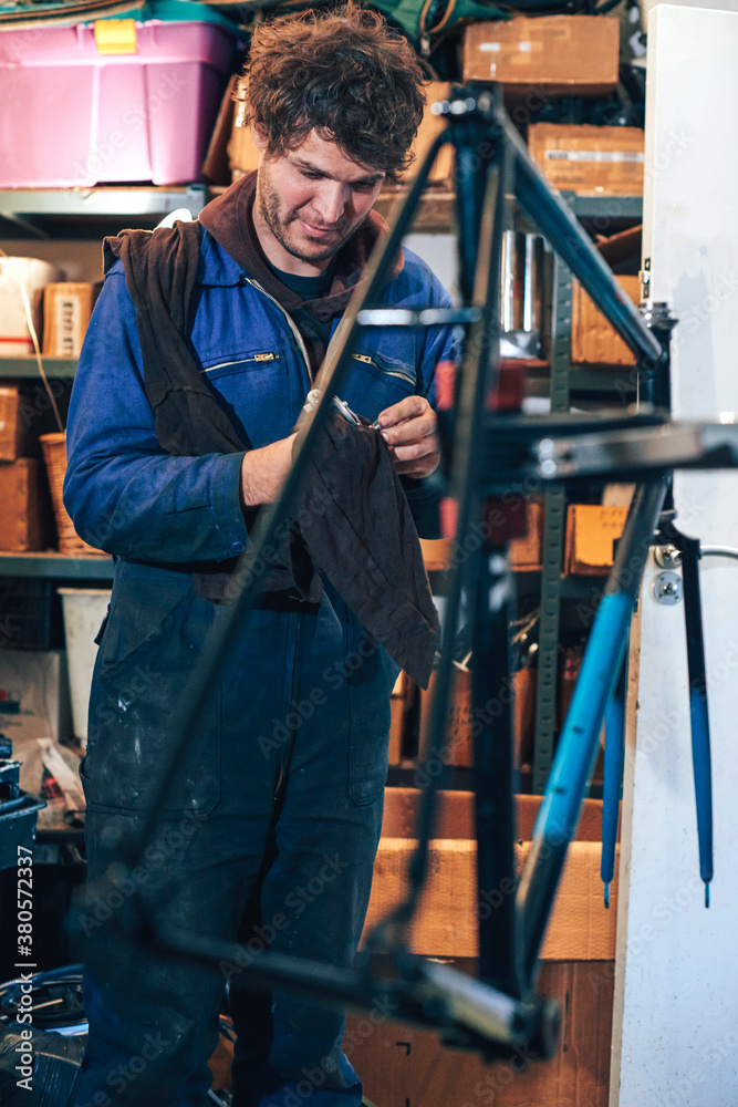 You mechanic in a cycle shop. You mechanic in a cycle shop.