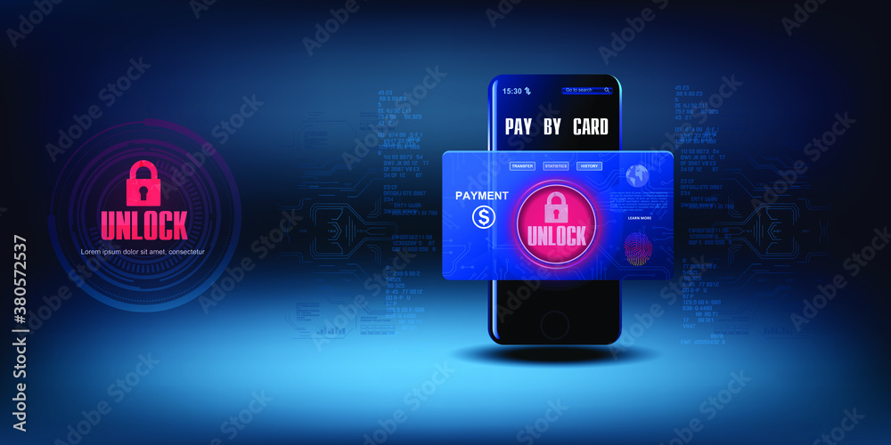 Black mobile phone with a blocked credit card. Card data protection with biometric technologies concept. Protection banking finance. Security Plastic Debit card software. Vector