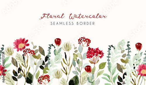 red green flower garden watercolor seamless border