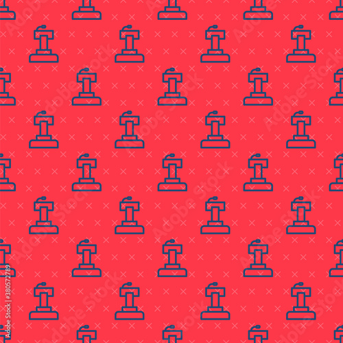 Blue line Stage stand or debate podium rostrum icon isolated seamless pattern on red background. Conference speech tribune. Vector.