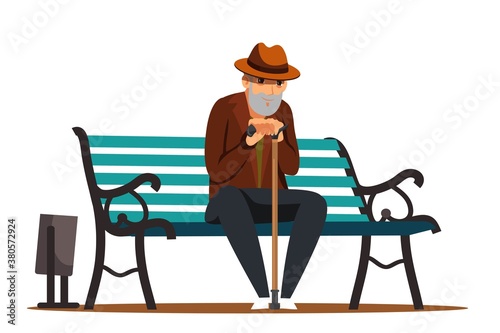 Old man sitting on bench in public city park illustration. Healthy lifestyle vector. Urban recreation in nature scene. Happy senior male character outdoor scene, isolated on white background