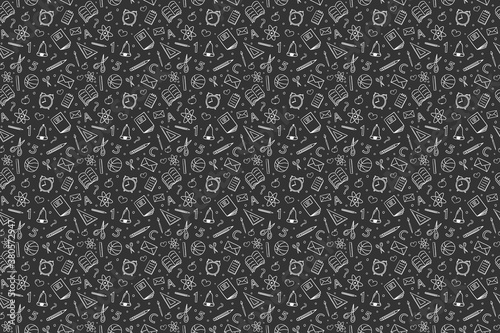 School background. Seamless texture with funny hand drawn icons. Vector