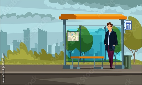 Man waiting at bus stop. Guy standing outdoor, urban background. Public transport vector illustration. Front view of busstop with map and sign banner. Male character on commute
