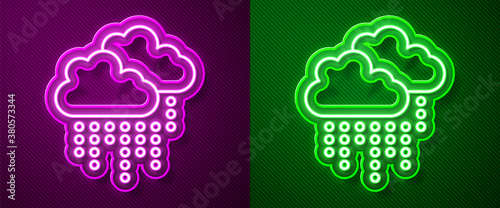 Glowing neon line Cloud with rain icon isolated on purple and green background. Rain cloud precipitation with rain drops. Vector.