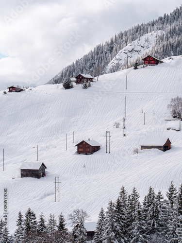 Scenic view of houses in Ursern Valley during winter (ID: 380573581)