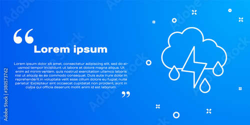 White line Cloud with rain and lightning icon isolated on blue background. Rain cloud precipitation with rain drops.Weather icon of storm. Vector.