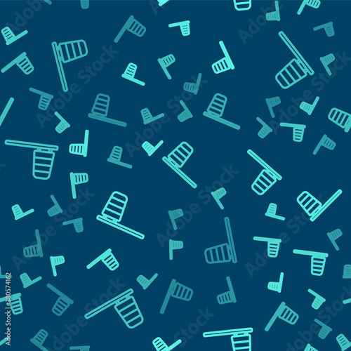 Green line Cone meteorology windsock wind vane icon isolated seamless pattern on blue background. Windsock indicate the direction and strength of the wind. Vector.
