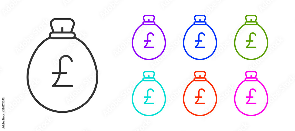 Black line Money bag with pound icon isolated on white background. Pound GBP currency symbol. Set icons colorful. Vector. Black line Money bag with pound icon isolated on white background. Pound GBP currency symbol. Set icons colorful. Vector.