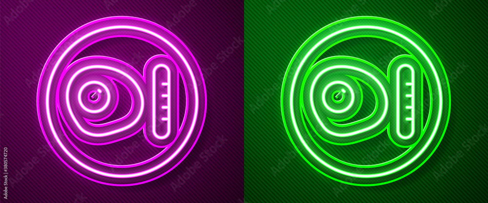 Glowing neon line Traditional british breakfast, fried eggs with sausage icon isolated on purple and green background. Vector. Glowing neon line Traditional british breakfast, fried eggs with sausage icon isolated on purple and green background. Vector.