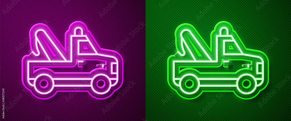 Glowing neon line Tow truck icon isolated on purple and green background. Vector.