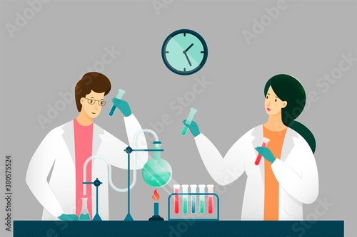 Scientists doing research in lab illustration. Woman and man working in medical laboratory. Innovation teamwork vector. Chemists holding flask, chemical test conducted