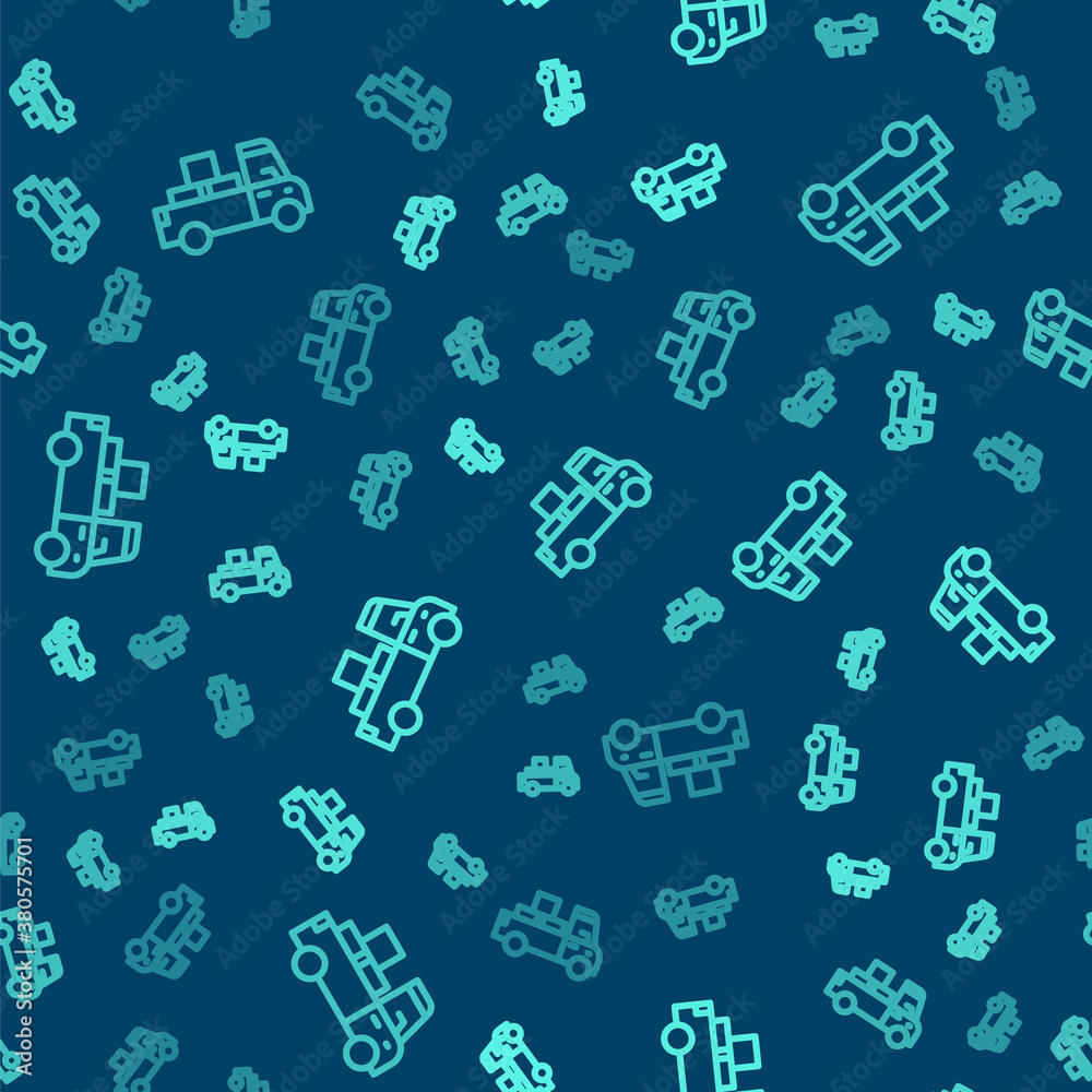 Green line Delivery truck with cardboard boxes behind icon isolated seamless pattern on blue background. Vector.