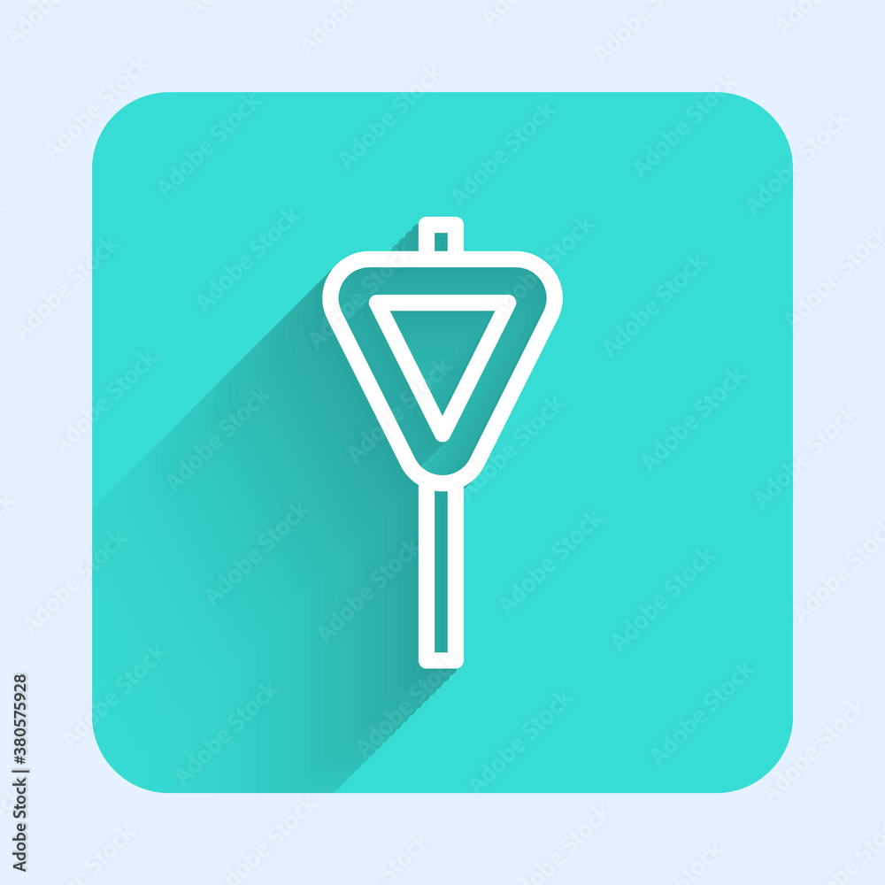 White line Road traffic sign. Signpost icon isolated with long shadow. Pointer symbol. Street information sign. Direction sign. Green square button. Vector.