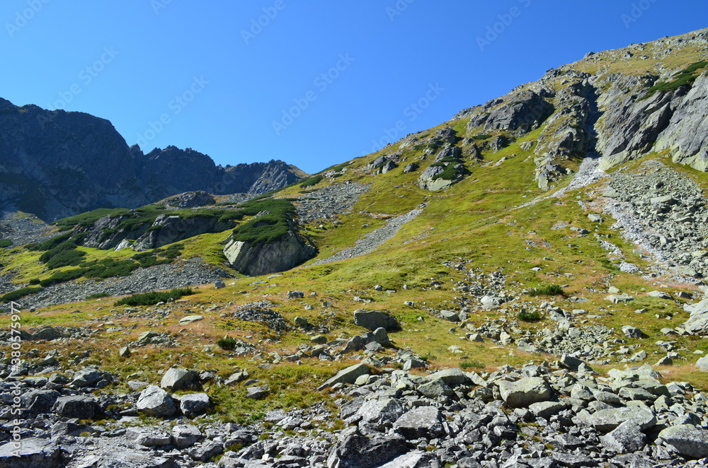 Tatry,  widok na Szpiglasową Przełęcz z Doliny za Mnichem, latem
