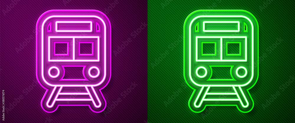 Glowing neon line Train and railway icon isolated on purple and green background. Public transportation symbol. Subway train transport. Metro underground. Vector. Glowing neon line Train and railway icon isolated on purple and green background. Public transportation symbol. Subway train transport. Metro underground. Vector.