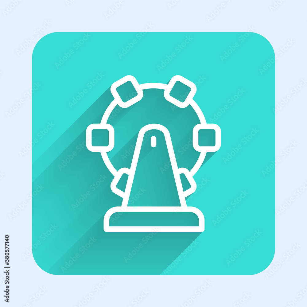 White line Ferris wheel icon isolated with long shadow. Amusement park. Childrens entertainment playground, recreation park. Green square button. Vector. White line Ferris wheel icon isolated with long shadow. Amusement park. Childrens entertainment playground, recreation park. Green square button. Vector.