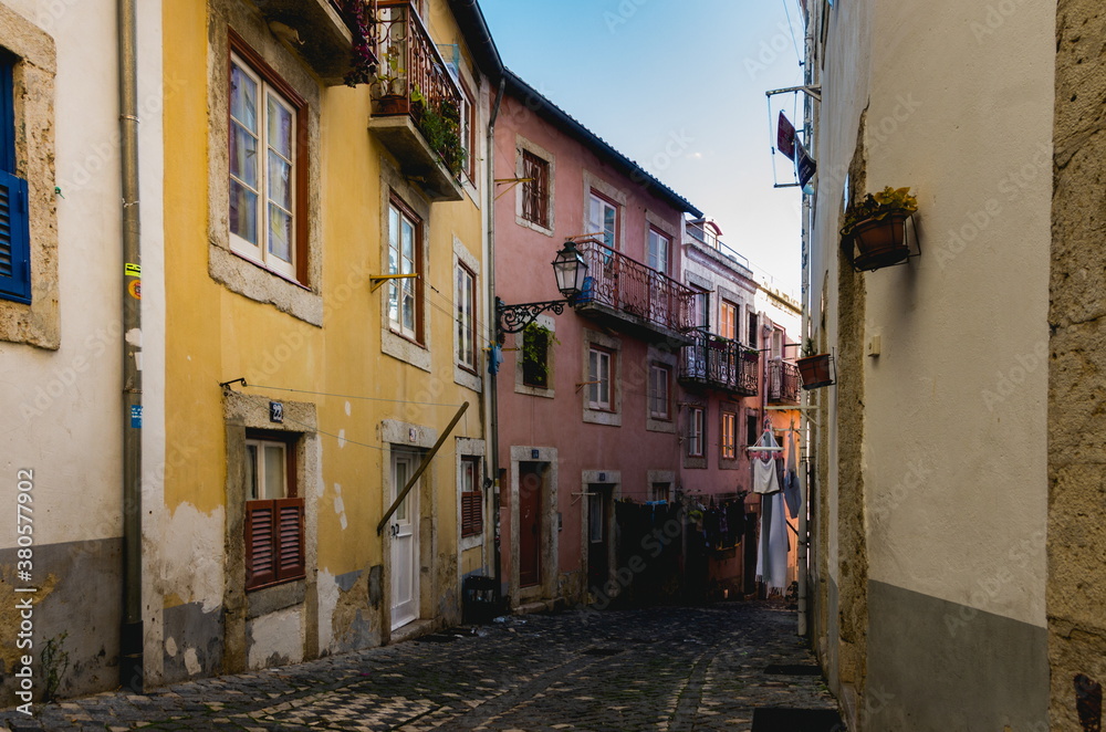 The narrow streets in Alfama in Lisbon. Autumn 2019.