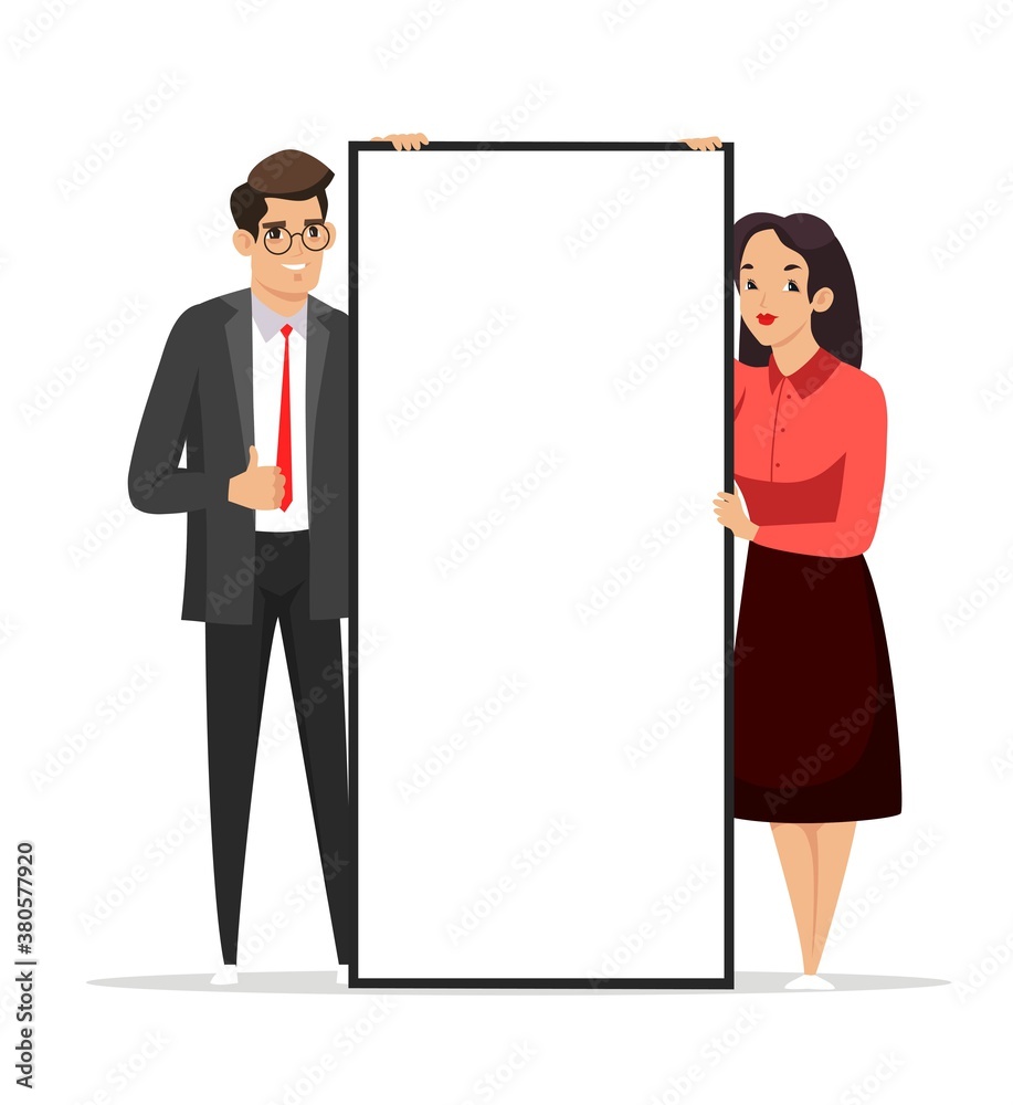 Business man and woman holding blank banner. Professional people with white vertical announcement board. Poster in hands, copy space vector illustration Business man and woman holding blank banner. Professional people with white vertical announcement board. Poster in hands, copy space vector illustration