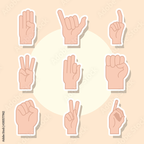 sign language hand gesture indicating different letters alphabet line and fill icons