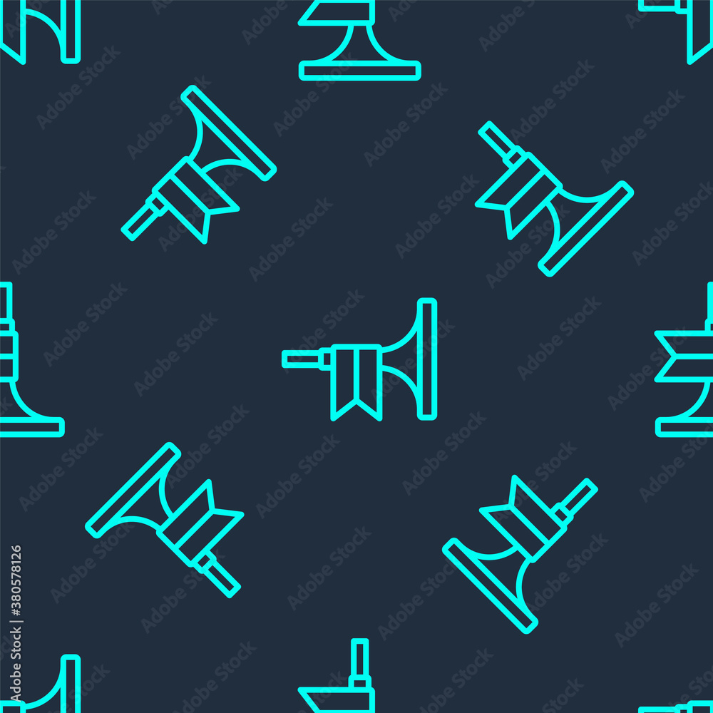 Green line Musical instrument trumpet icon isolated seamless pattern on blue background. Vector.