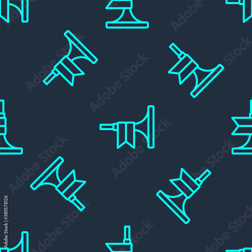 Green line Musical instrument trumpet icon isolated seamless pattern on blue background. Vector.