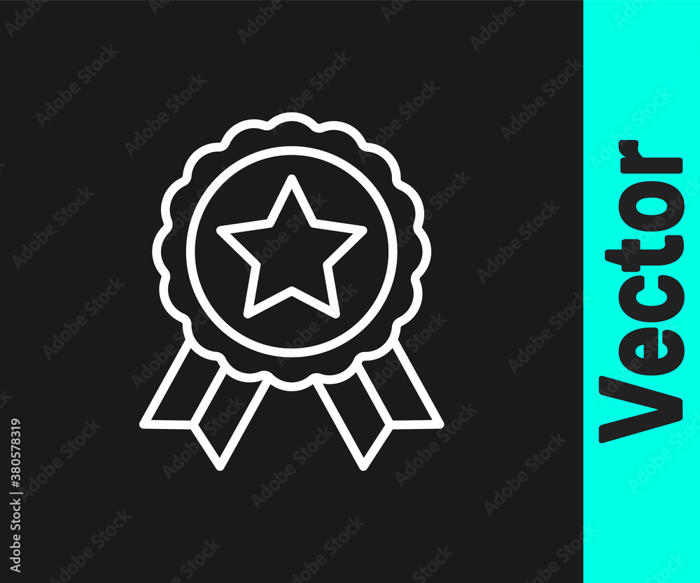 White line Medal with star icon isolated on black background. Winner achievement sign. Award medal. Vector. White line Medal with star icon isolated on black background. Winner achievement sign. Award medal. Vector.