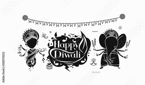 Diwali Hindu festival greeting card, Hand Drawn line art Vector illustration.