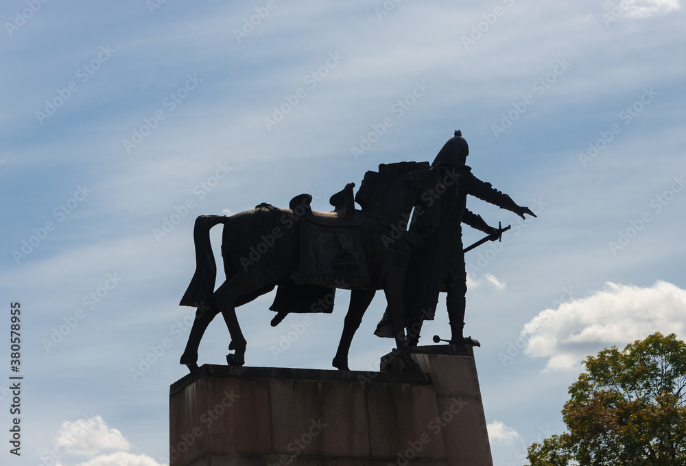 Silhouette of the Sculpture of Grand Duke Gediminas with Horse in Vilnius city. Lithuania.