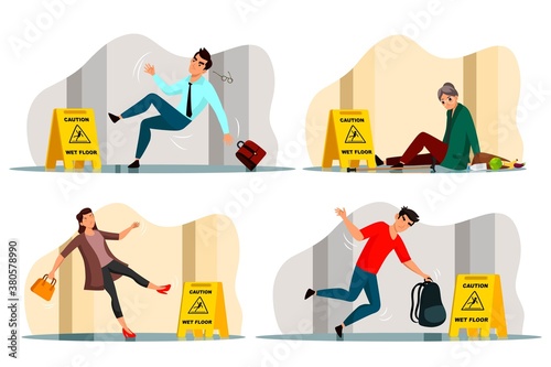 Falling people and caution wet floor sign set