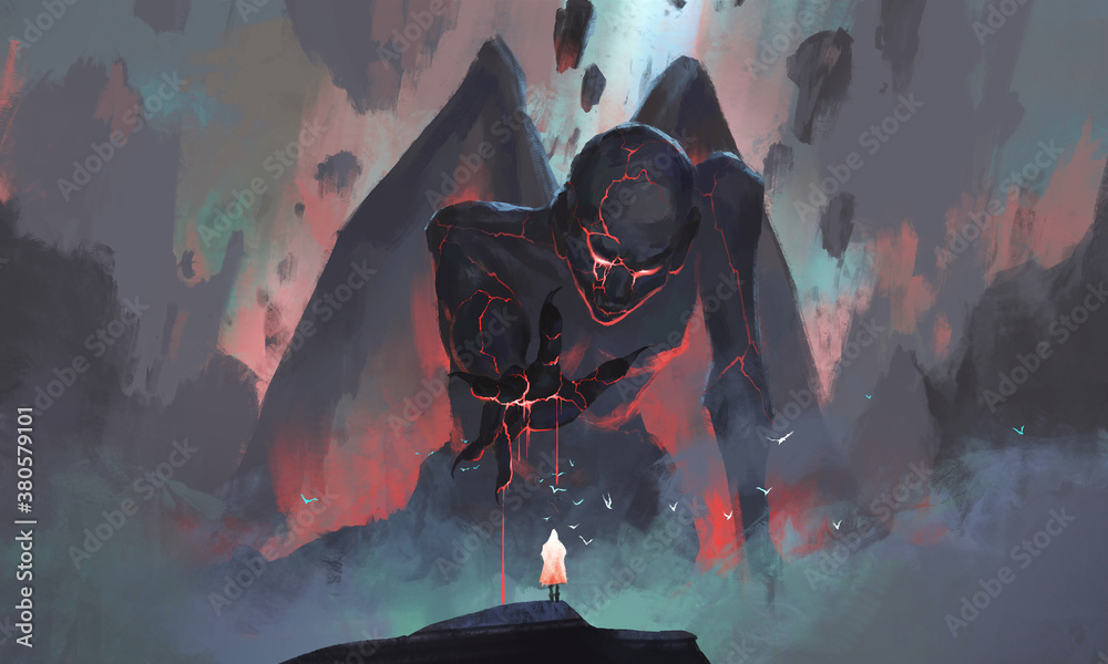 Fototapeta premium A person faces a monster rising from the ruins, digital painting.